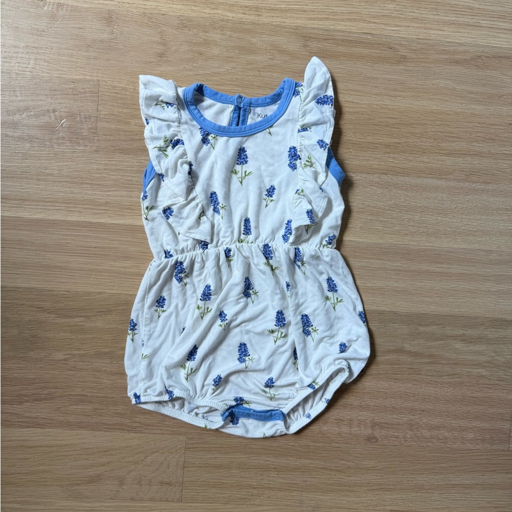 Kyte Bluebonnet Floral Baby Romper with Periwinkle Trim